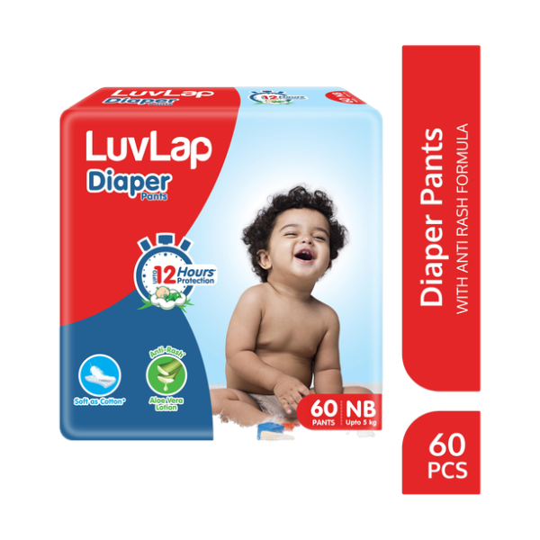 LuvLap Diaper Pants New Born (NB) 0 to 5kg, 60 Count, Baby Diaper Pants, with Aloe Vera Lotion for Rash Protection, upto 12 Hour protection - New Born
