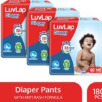 LuvLap Diaper Pants New Born (NB) 0 to 5kg, Super Jumbo Pack (60 Count x 3 = 180 Count), Baby Diaper Pants, with Aloe Vera Lotion for Rash Protection, upto 12 Hour protection - New Born