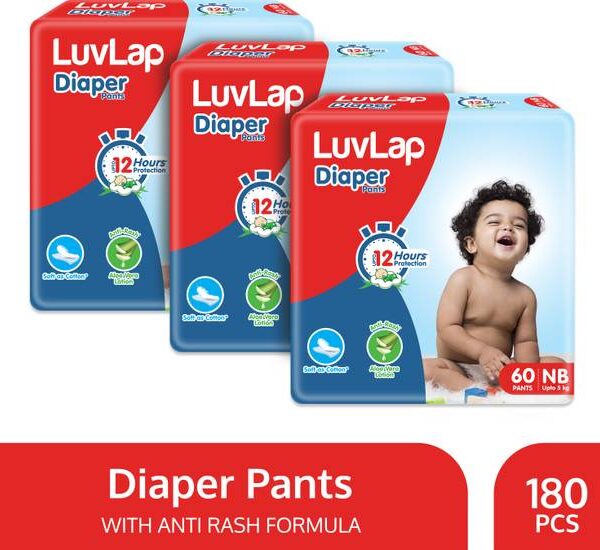 LuvLap Diaper Pants New Born (NB) 0 to 5kg, Super Jumbo Pack (60 Count x 3 = 180 Count), Baby Diaper Pants, with Aloe Vera Lotion for Rash Protection, upto 12 Hour protection - New Born