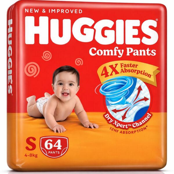Huggies Comfy Pants Baby Diaper Pants, Small (S) Size, 64 Count, 4-8 kg, Up to 10 Hours Overnight Absorption with Bubble Bed