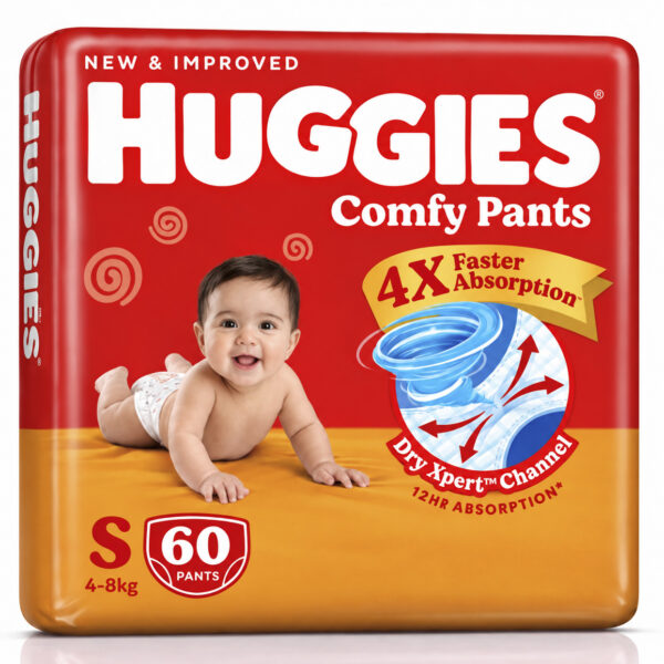 Huggies Comfy Pants Baby Diaper Pants, Small (S) Size, 60 Count, 4-8 kg, Up to 10 Hours Overnight Absorption with Bubble Bed