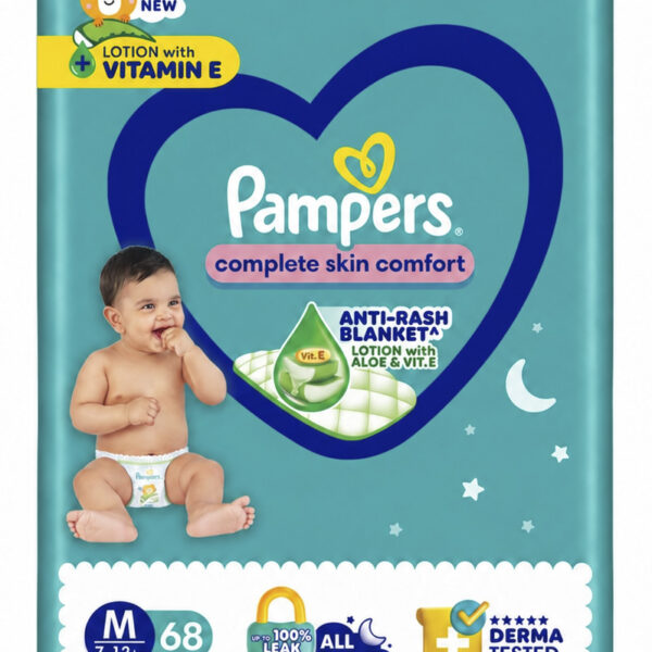 Pampers Complete Skin Comfort Pants, Anti-rash blanket, Lotion with Vitamin E & Aloe Vera, Medium (M), 68 Count, 7-12kg