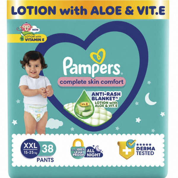 Pampers Complete Skin Comfort Pants, (XXL) 38 Count, Anti-rash blanket, Lotion with Vitamin E & Aloe Vera,Double Extra Large size baby diapers,15-25kg