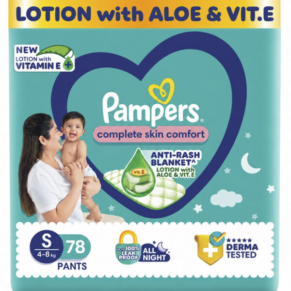Pampers Complete Skin Comfort Pants, (S) 78 Count, Anti-rash blanket, Lotion with Vitamin E & Aloe Vera, Small size baby diapers, 4-8 kg