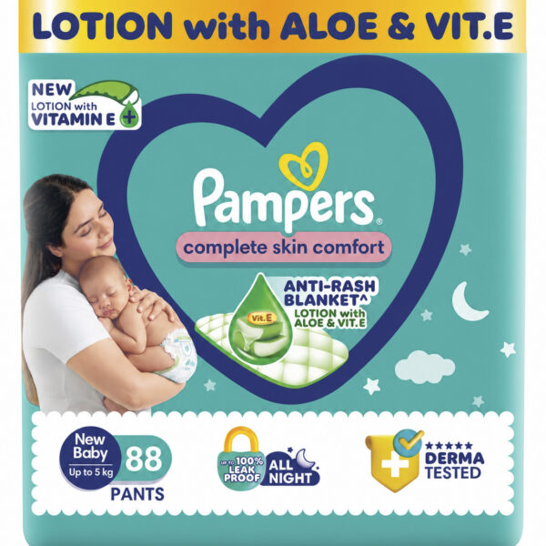 Pampers Complete Skin Comfort Pants, (NB,XS) 88 Count Anti-Rash Blanket, Lotion with Vitamin E & Aloe Vera, New Born, Extra Small Size Baby Diapers, Upto 5kg