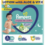 Pampers Baby Complete Skin Comfort Pants, Anti-rash blanket, Lotion with Vitamin E & Aloe Vera, Large (L), 58 Count, 9-14kg