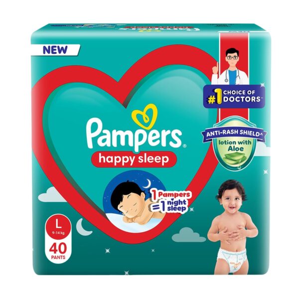 Pampers Happy Sleep Pant Style Baby Diapers, Large (L), 40 Count, 1 Pampers = 1 Night Sleep, with Anti Rash Shield, 9-14 Kg Diapers