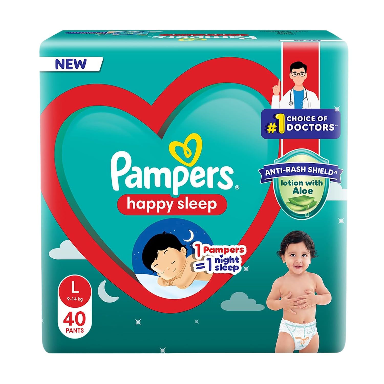 large 40 Pampers Happy Sleep Pant Style Baby Diapers, Large (L), 40 Count, 1 Pampers = 1 Night Sleep, with Anti Rash Shield, 9-14 Kg Diapers - Image 1