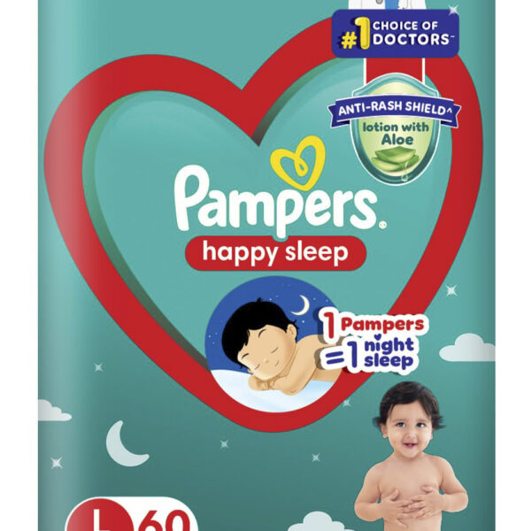 Pampers Happy Sleep Pant Style Baby Diapers, Large (L), 60 Count, 1 Pampers = 1 Night Sleep, with Anti Rash Shield, 9-14 Kg Diapers