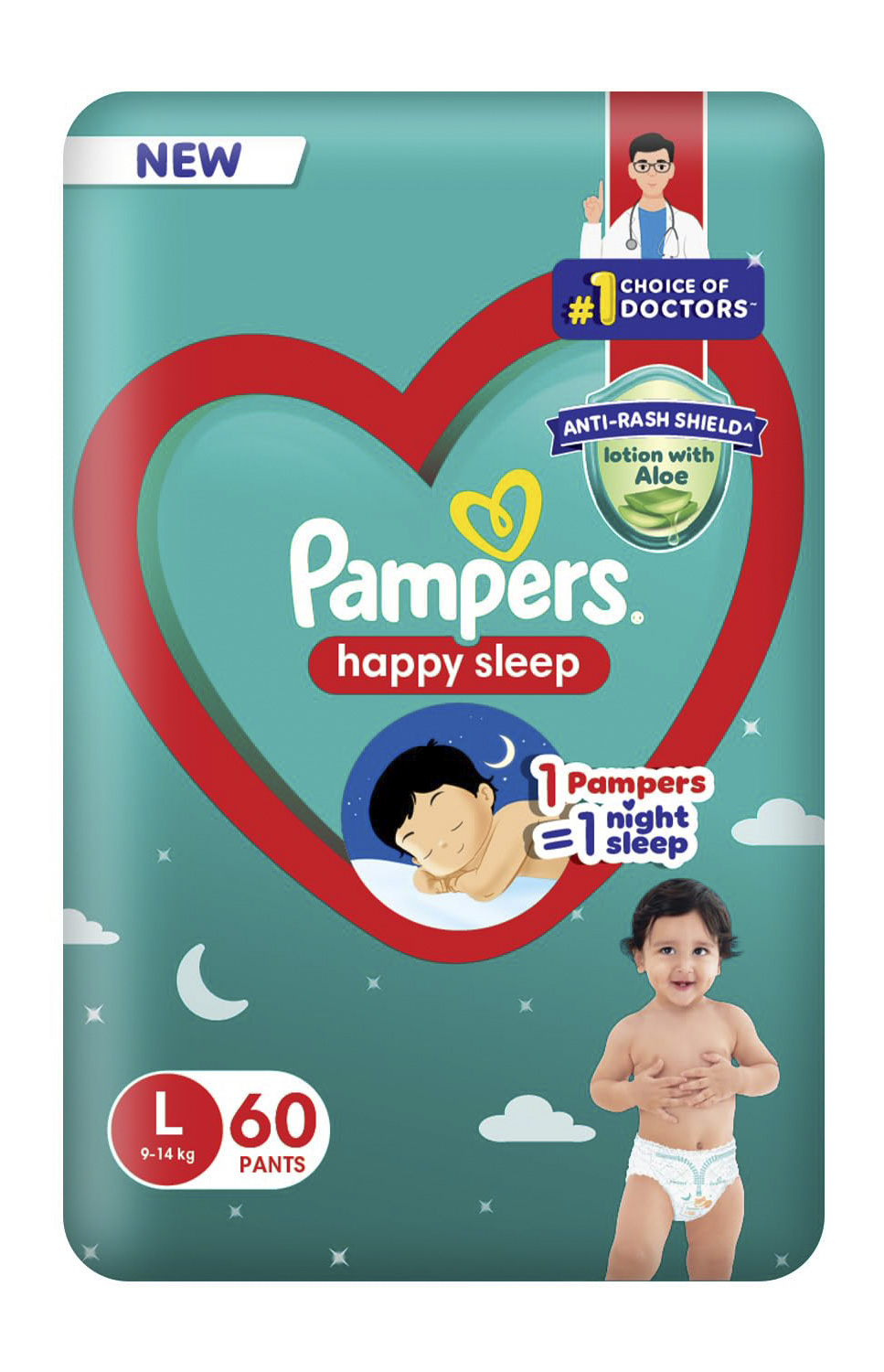 pampers red large 60 875 Pampers Happy Sleep Pant Style Baby Diapers, Large (L), 60 Count, 1 Pampers = 1 Night Sleep, with Anti Rash Shield, 9-14 Kg Diapers - Image 1
