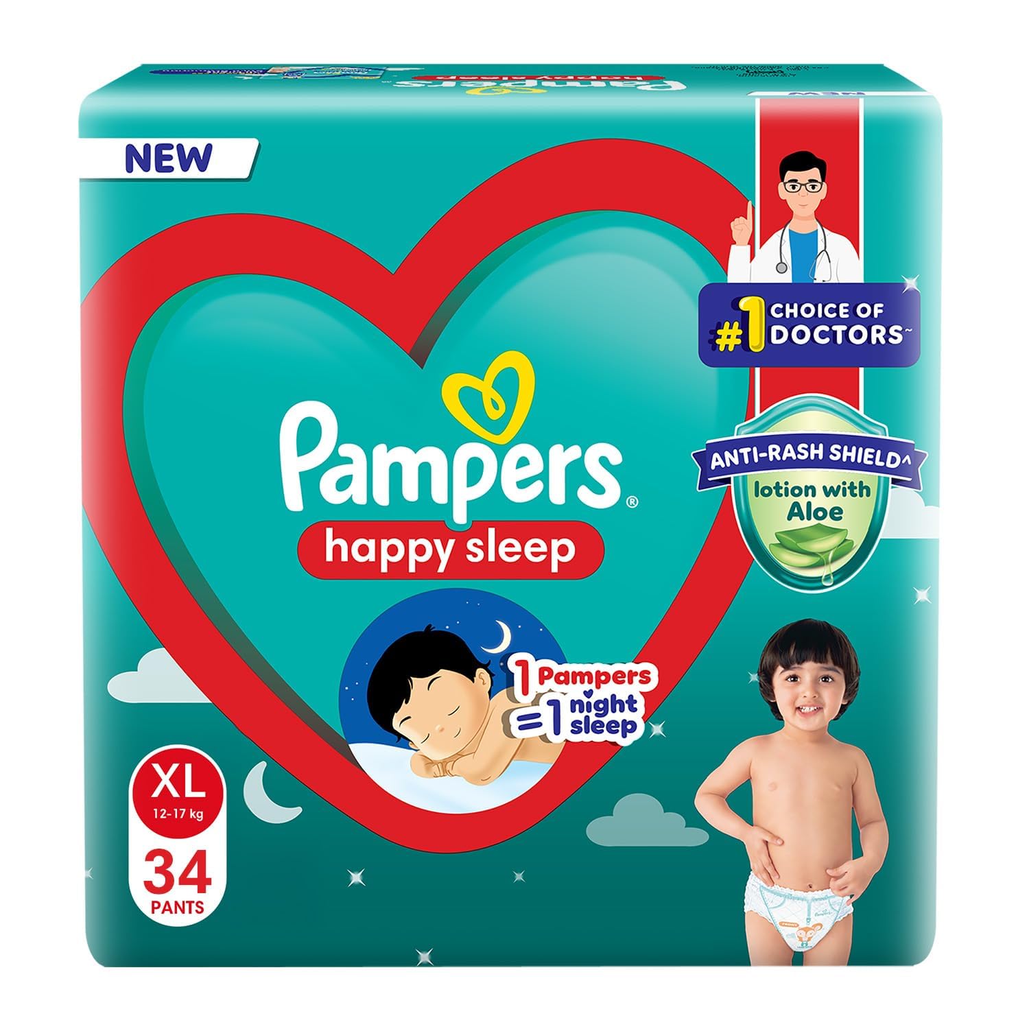 red xl 34 Pampers Happy Sleep Pant Style Baby Diapers, X-Large (XL), 34 Count, 1 Pampers = 1 Night Sleep, with Anti Rash Shield, 12-17 Kg Diapers - Image 1